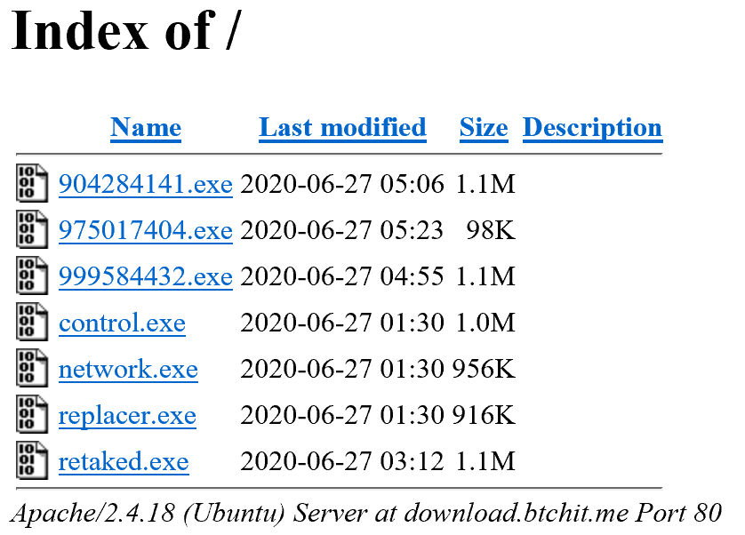 When the downloader first starts it retrieves the system time, gets the users temp folder location, and then makes an outbound HTTP GET request to the domain download[.]btchit[.]me. At the time of analysis this domain was found to originate from an IP address in Moscow. As the HTTP request made was an unauthenticated request over port 80, a quick look at the source sub-domain revealed the following open directory listing hosting several malicious files. 