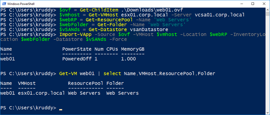 Import-VApp example while using the Inventory Location parameter