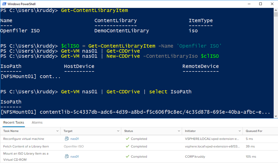 Example usage of the New-CDDrive cmdlet and Content Library ISOs