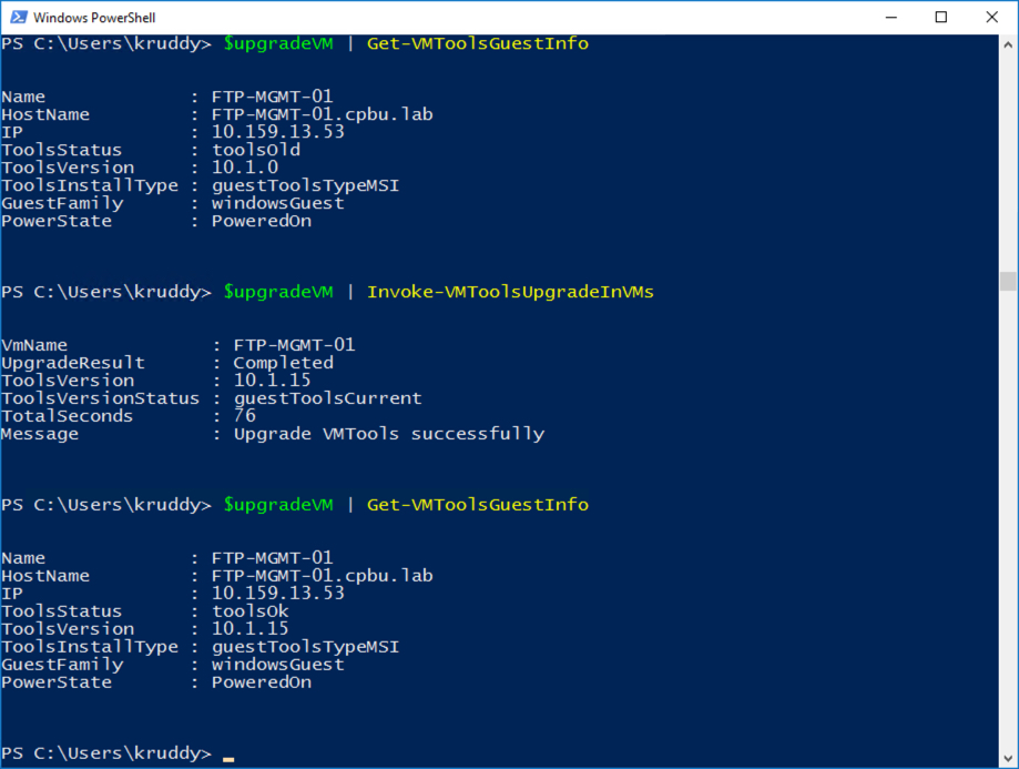 Example of upgrading the VMware Tools on a specified VM