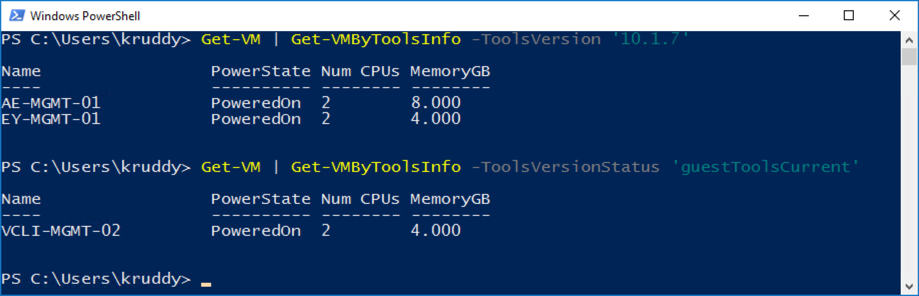 Example of retrieving VMs by VMware Tools configuration