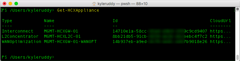 Example: Get-HCXAppliance Output