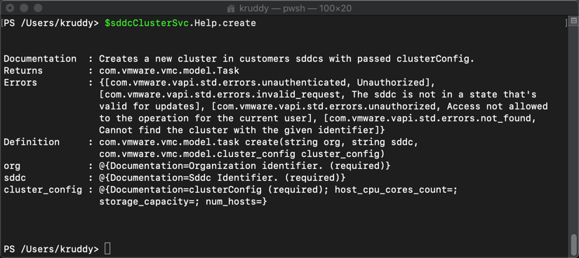 Example: Output from Help for the Create method