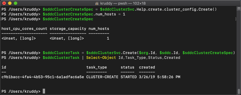 Example: Creating a new cluster with 1 host