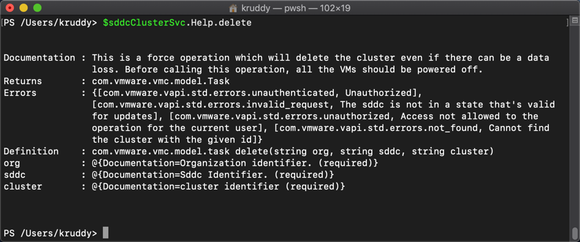 Example: Output from Help for the Delete method