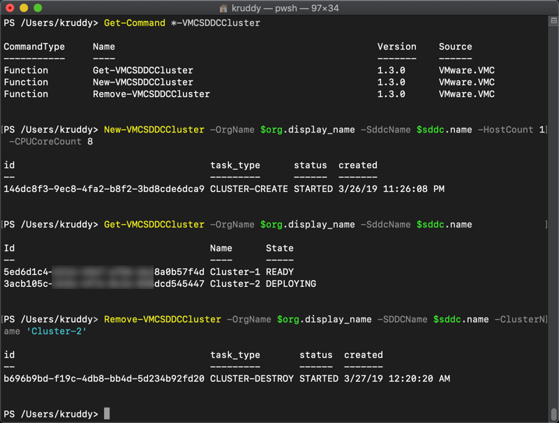 Example: Using the SDDC Cluster functions from the VMware.VMC module