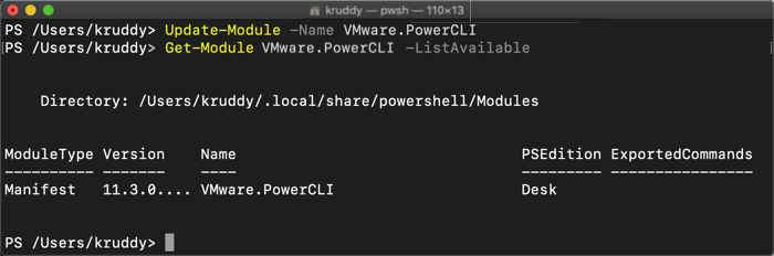 Example: Update-Module -Name VMware.PowerCLI