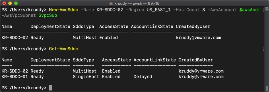 Example: VMware cmdlet usage to create an SDDC