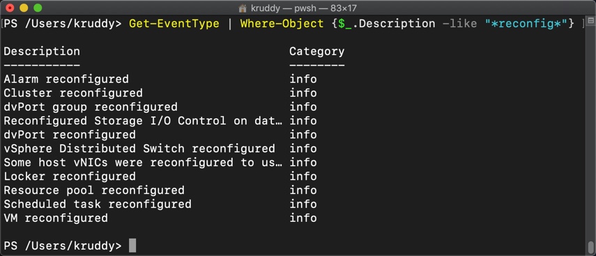 Example: Viewing a filtered list of Event types