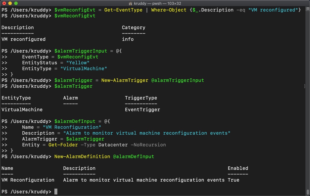 Example: Creating a new alarm based on VM reconfiguration events