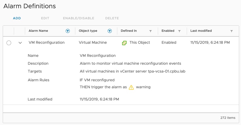 Example: Newly created alarm as viewed in the vSphere Client