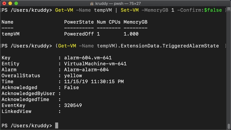 Example: Modifying a VM and viewing the TriggeredAlarmState property