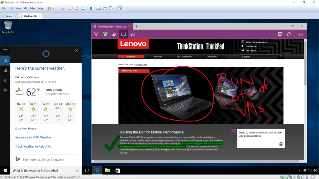 Workstation 12 Pro Win 10 VM - Suface Pro 3 - Cortana and Edge Inking Test