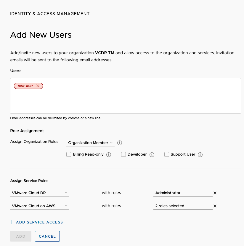 VMware Cloud Disaster recovery, DR, add users, roles, cloud services