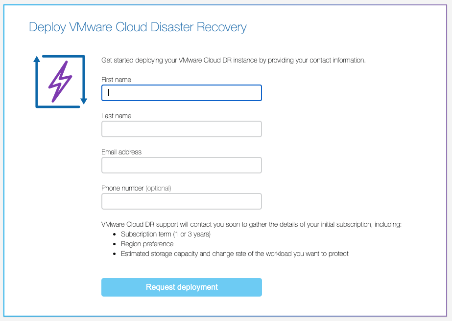 setting up VMware cloud DR, deploy request, service registration