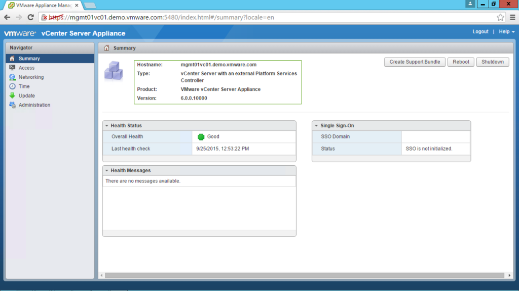 vCenter Server 6.0 Update 1 Appliance Management User Interface