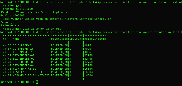 Using DCLI's scripted mode to show a list of VMs