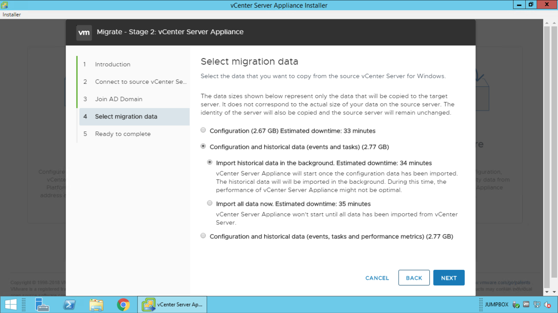 vCenter Server 6.7 Migration Data Import