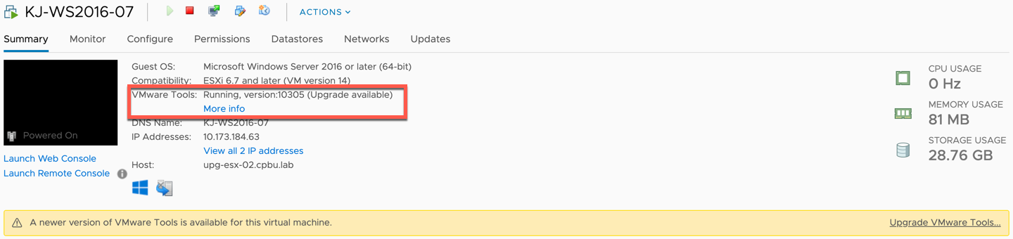 vSphere Client VMware Tools upgrade available