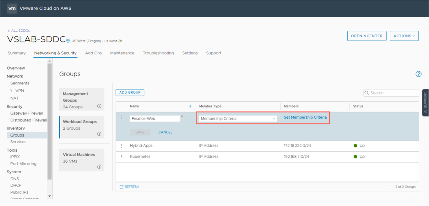 VMware Cloud on AWS Security Policies - Security Groups