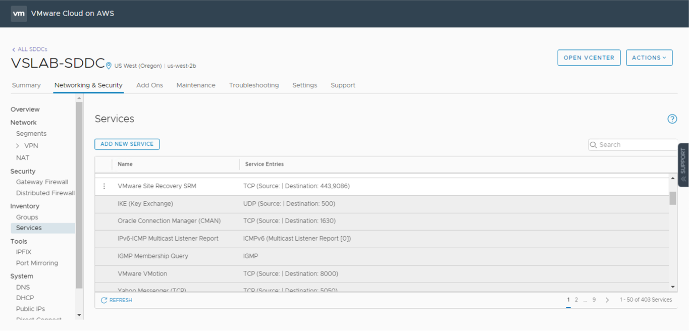 VMware Cloud on AWS Security Policies - Predefined Services