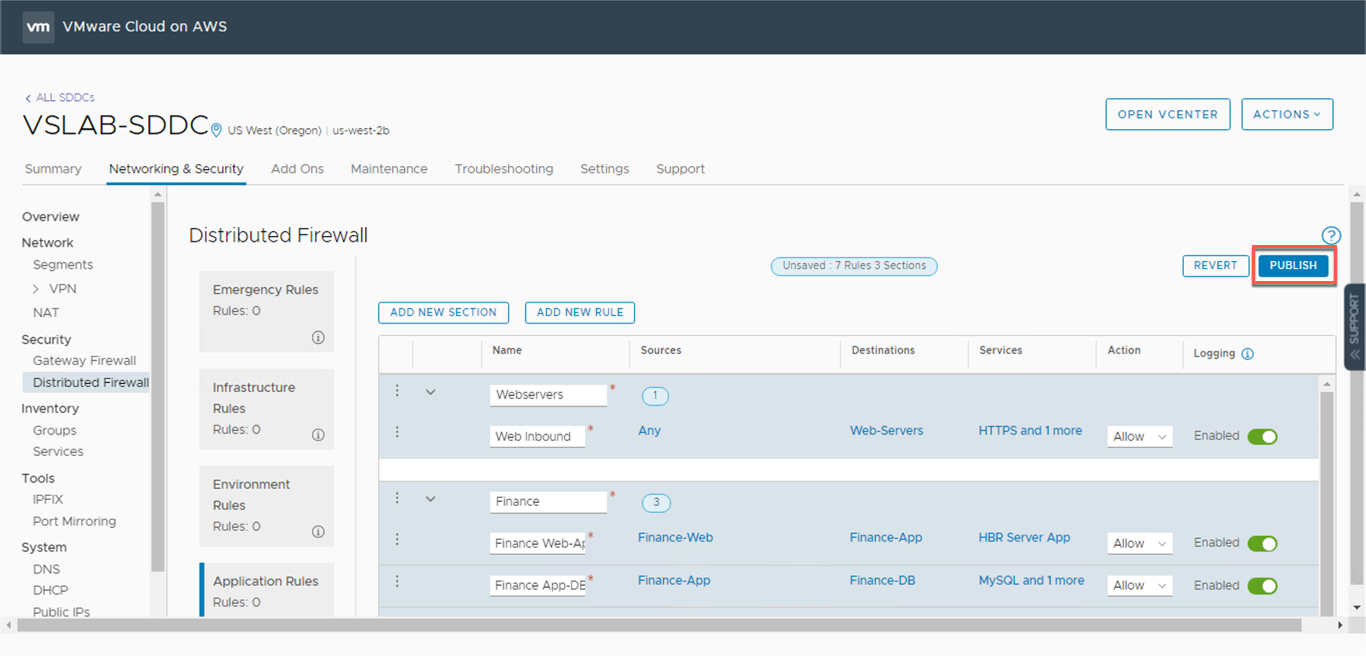 VMware Cloud on AWS Security Policies - Publish Rules