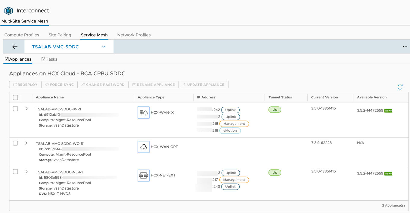 HCX Appliance View