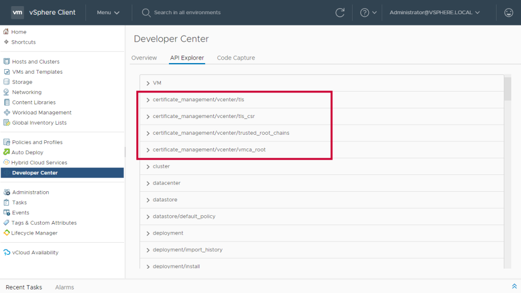 Screen shot of vSphere 7 API Explorer and the Certificate REST APIs