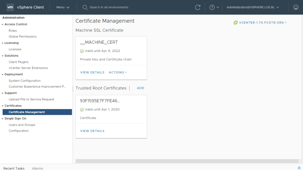 Screen shot of vSphere 7 Certificate Management UI