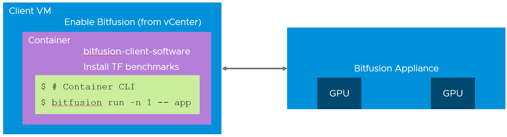 Image showing the nesting of a Bitfusion container in a VM and also the Bitfusion server