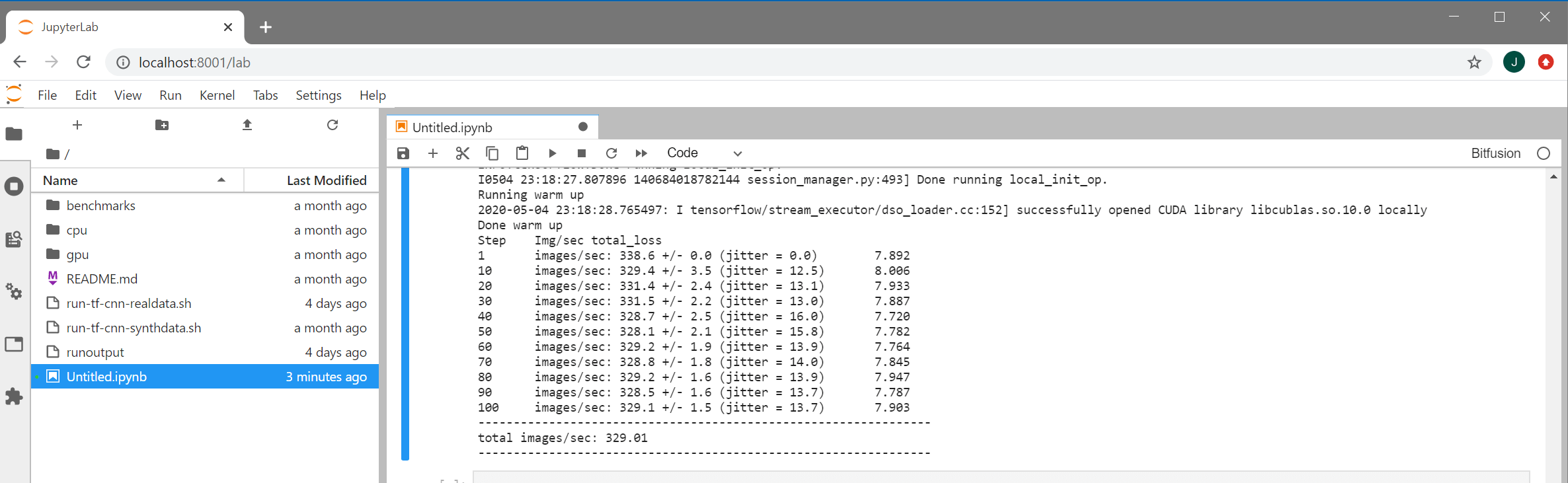 Output of TensorFlow benchmark in Bitfusion notebook