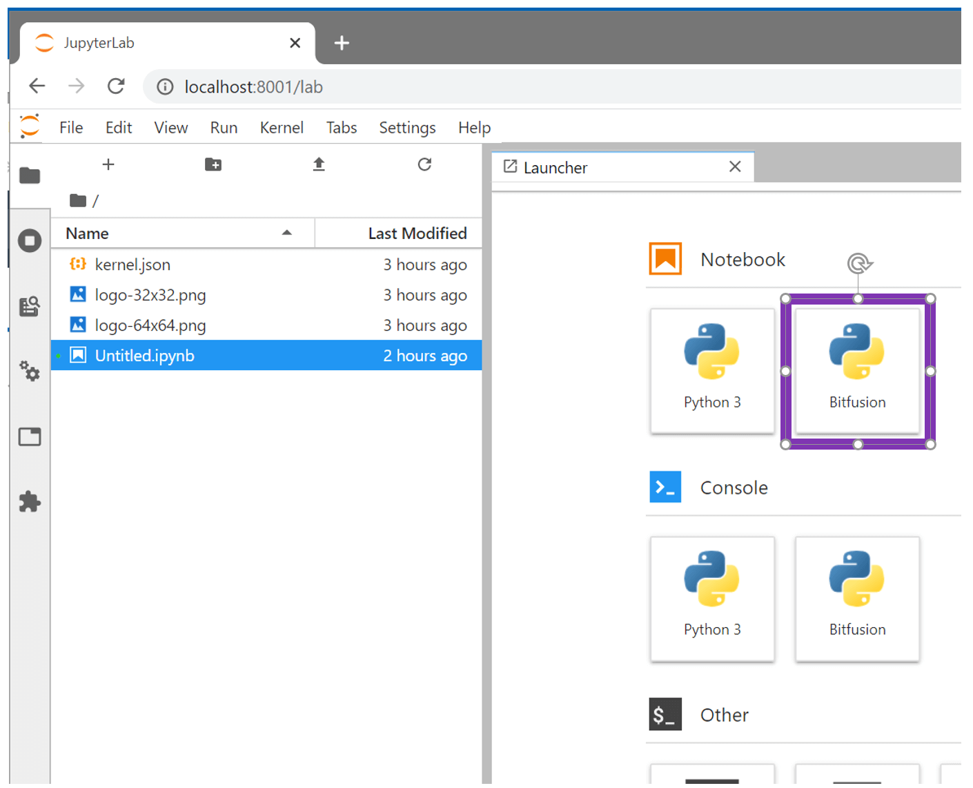 Jupyter menu with Bitfusion