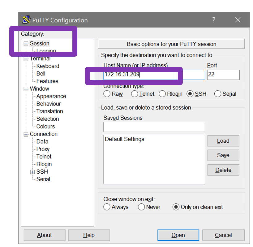 screenshot setting up PuTTY session