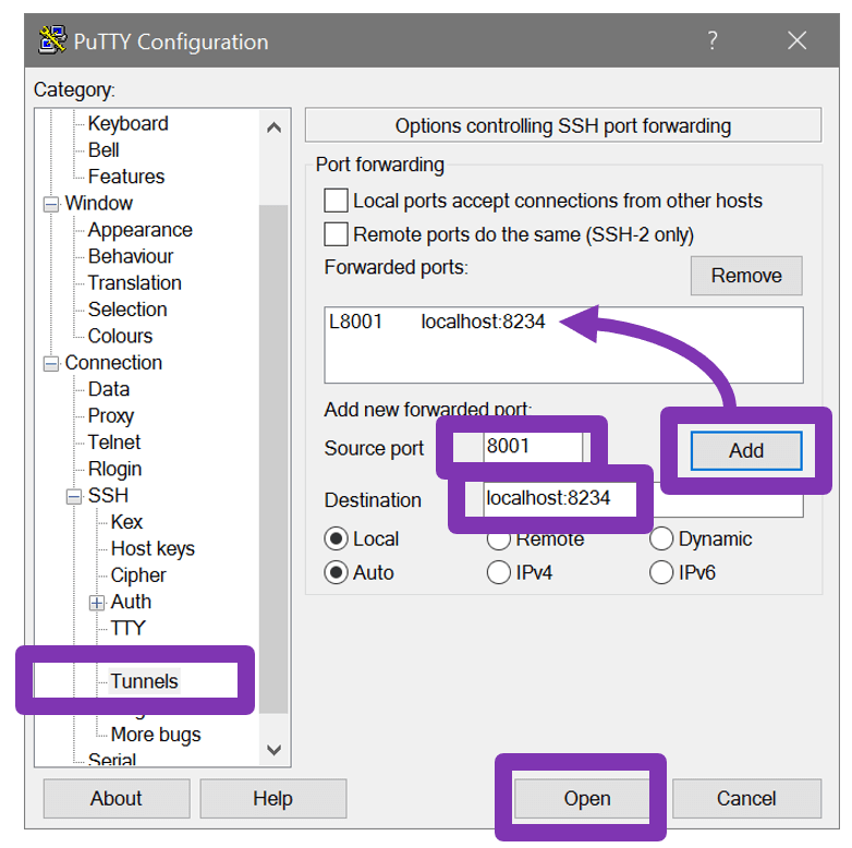 screenshot setting up PuTTY tunnel