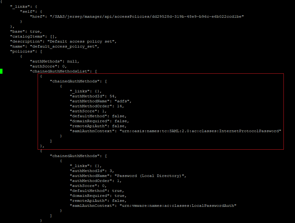 vRA Access Policies JSON representation