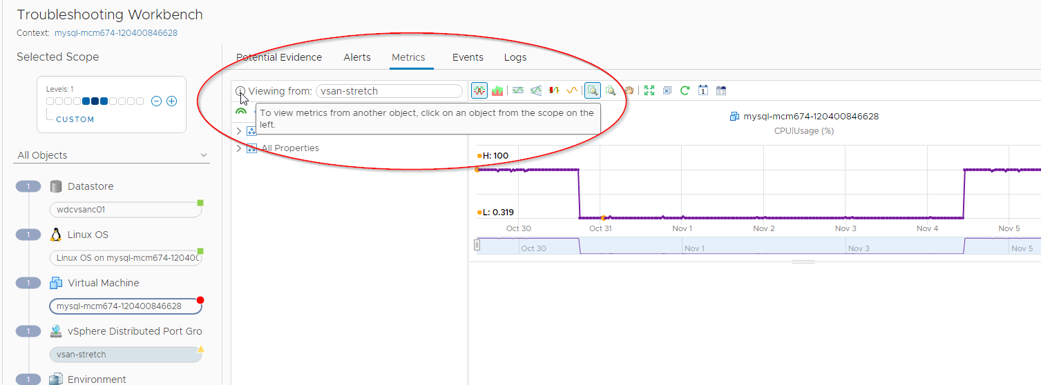 Select an object from the scope to change to the available metrics for that object