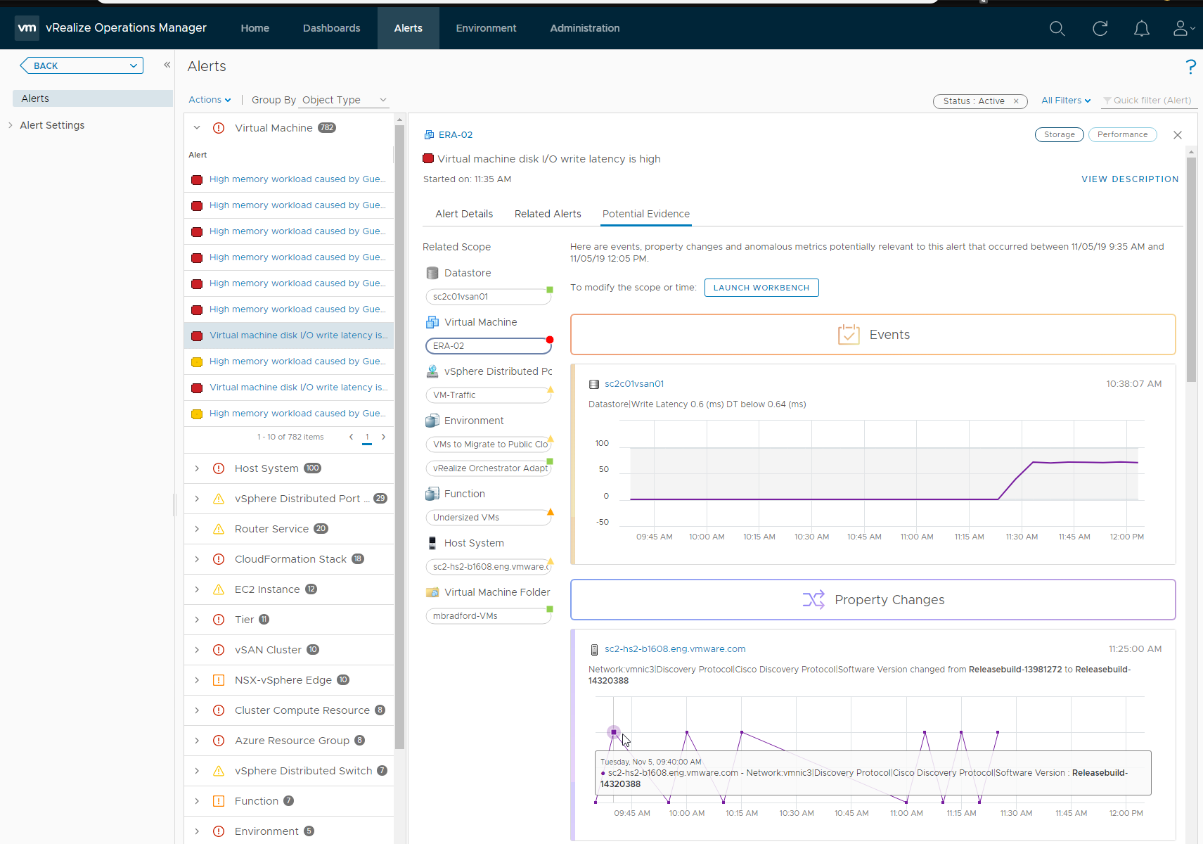 The Alerts details now includes a tab for Potential Evidence provided by the Troubleshooting Workbench