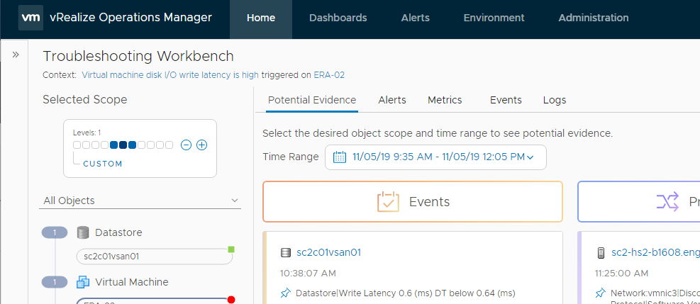 Workbench time range is set to 2 hours before and 30 minutes after the alert triggered. The scope is still set to the default level 1.