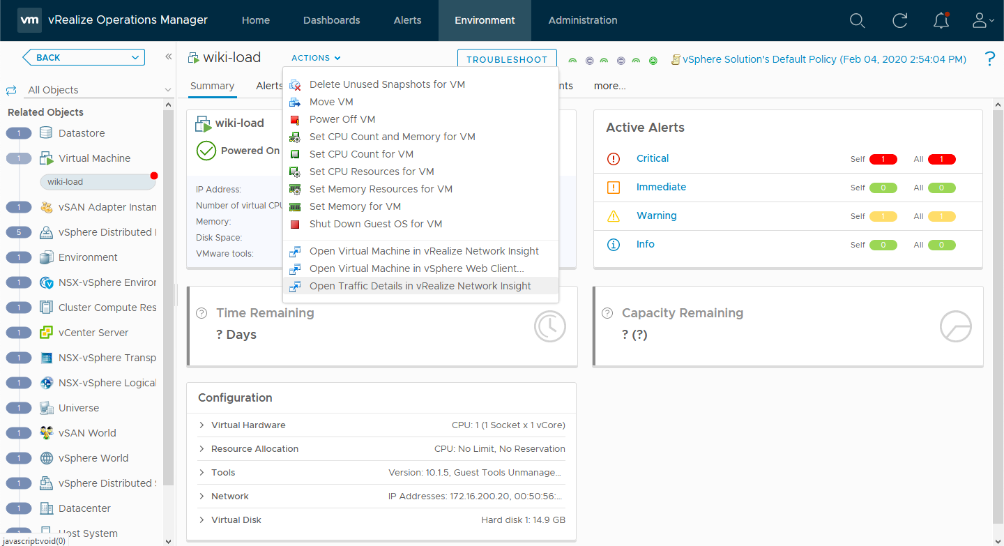 Additional launch in context option for vRealize Network Insight Cloud Traffic Details for a VM.