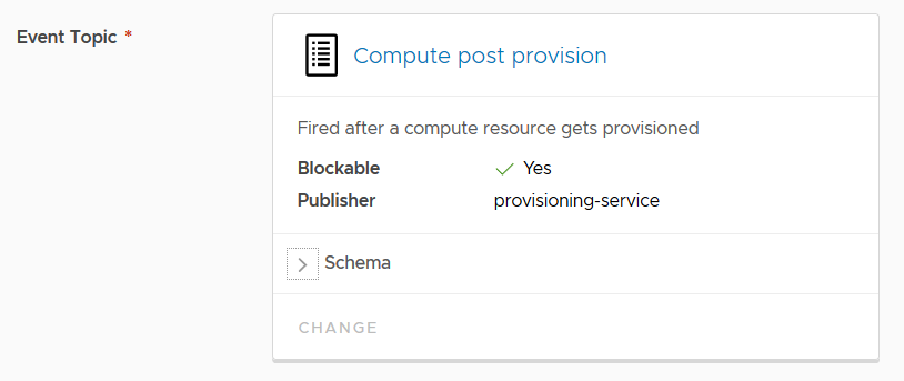 The event subscription in vRealize Automation, showing the Event Topic.