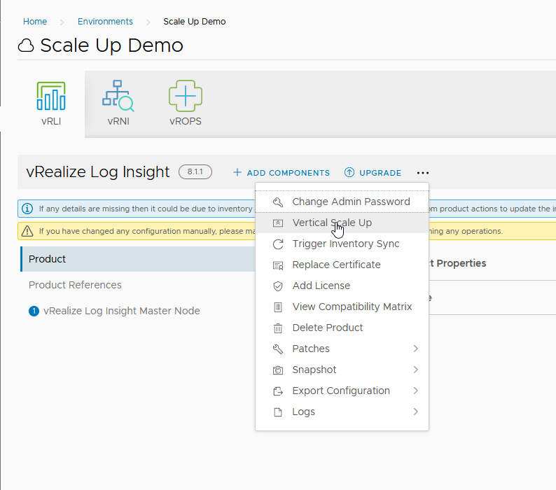 New vertical scale up option for vRLI, vRNI and vROps.