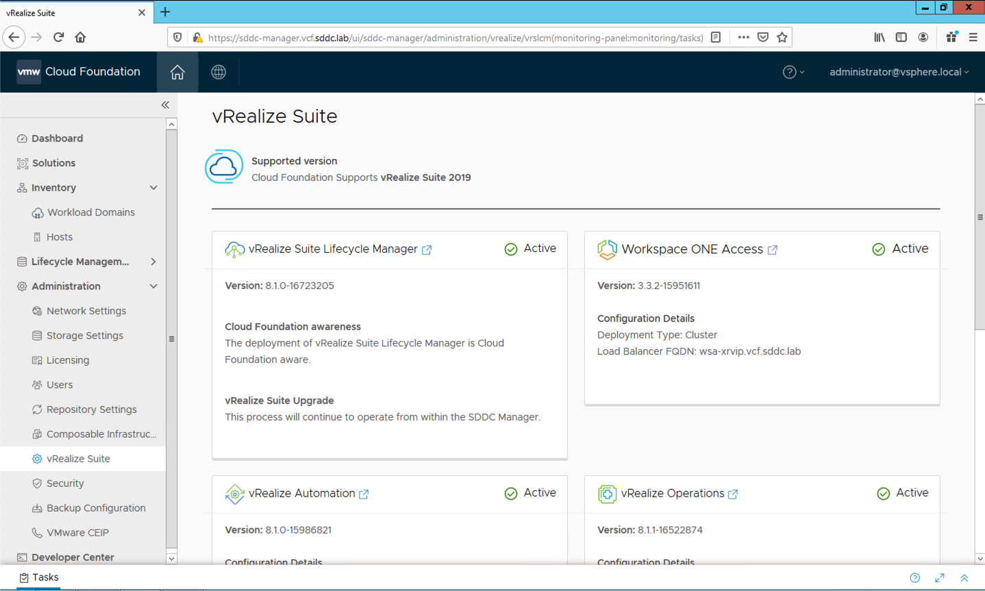 SDDC Manager deploys vRealize Suite Lifecycle Manager and has awareness of vRealize products installed. Screenshot courtesy of Heath Johnson.