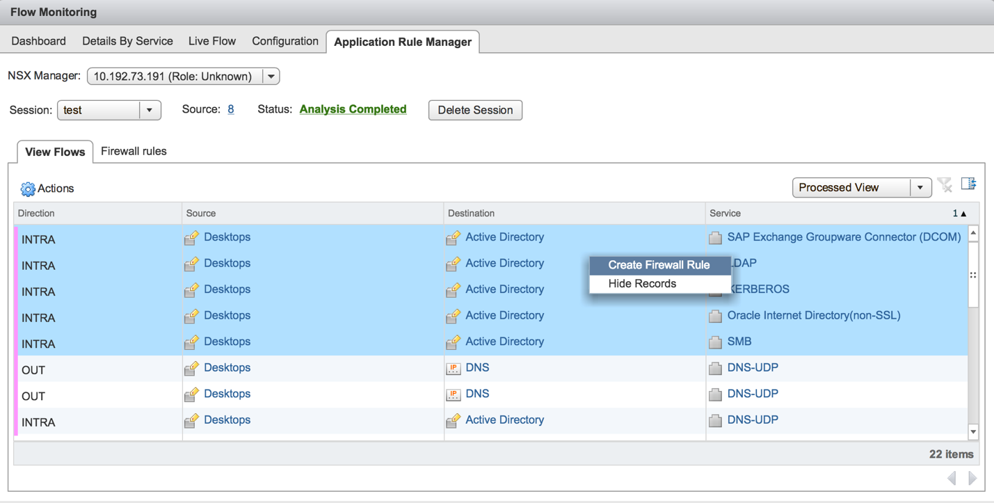 NSX application rule manager