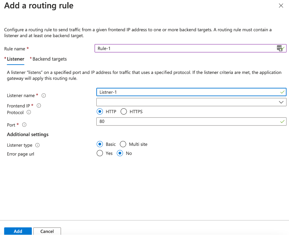 Provide Rule name and listener name, Frontend IP, Protocol and Port