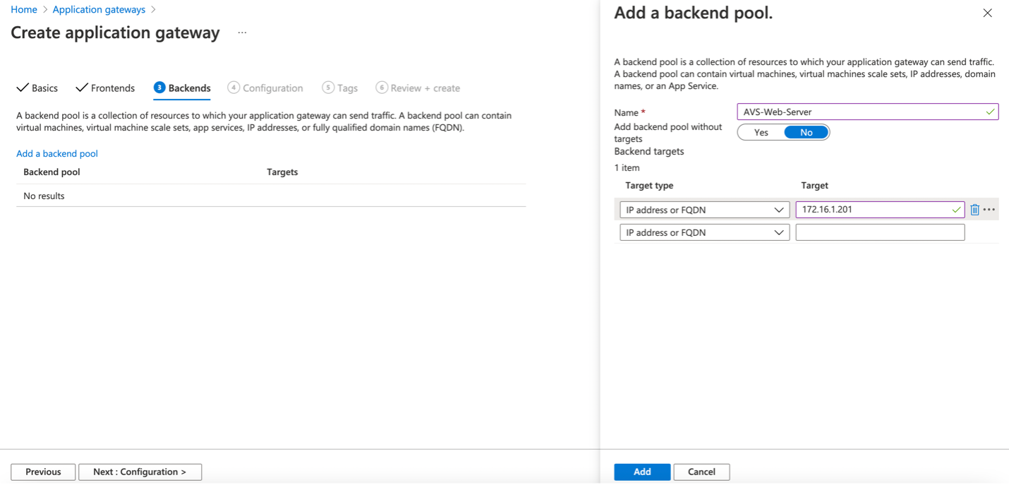 Add Azure VMware Solution Private Cloud VM (i.e., Web Server) as backend target