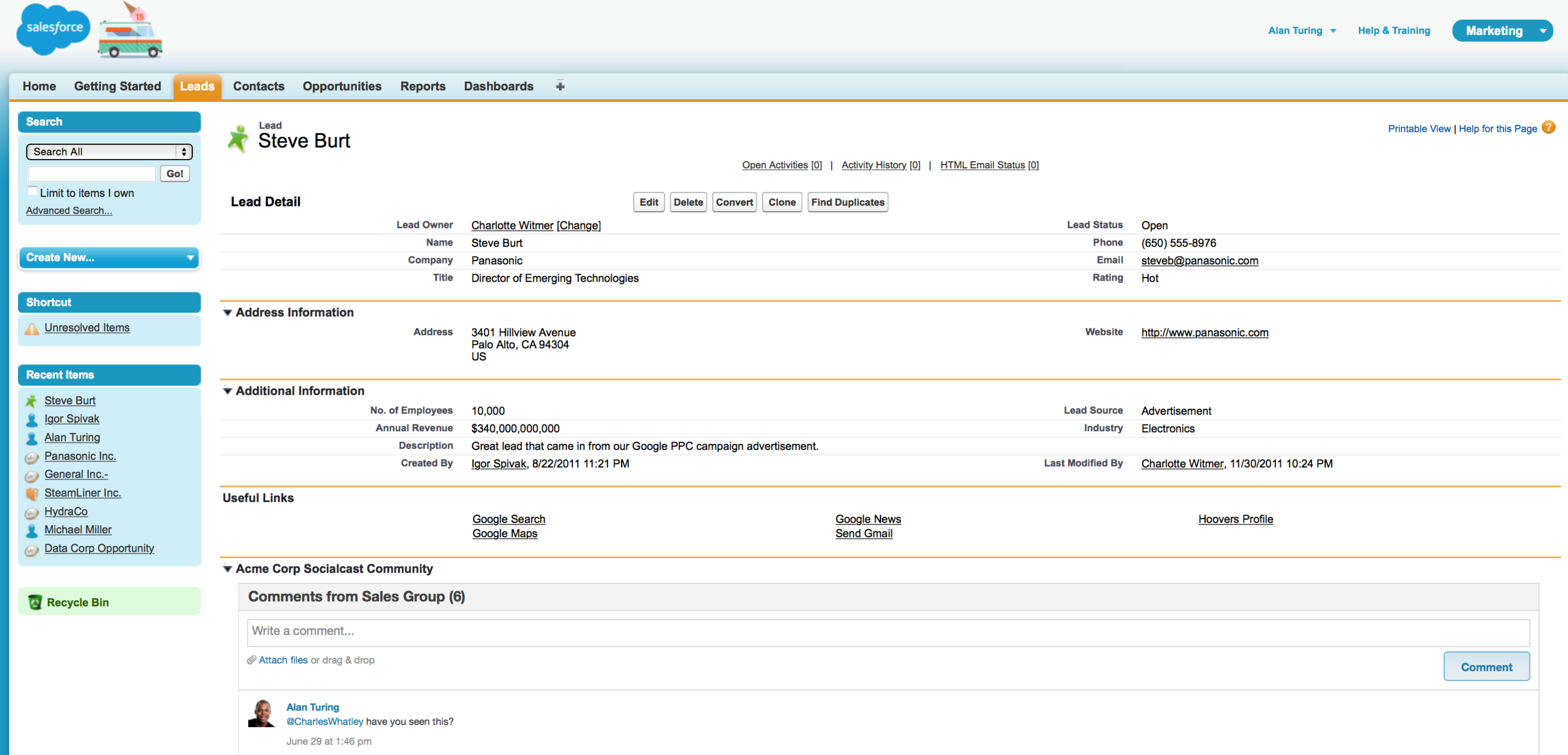 Figure 1: Socialcast embedded in Salesforce.com