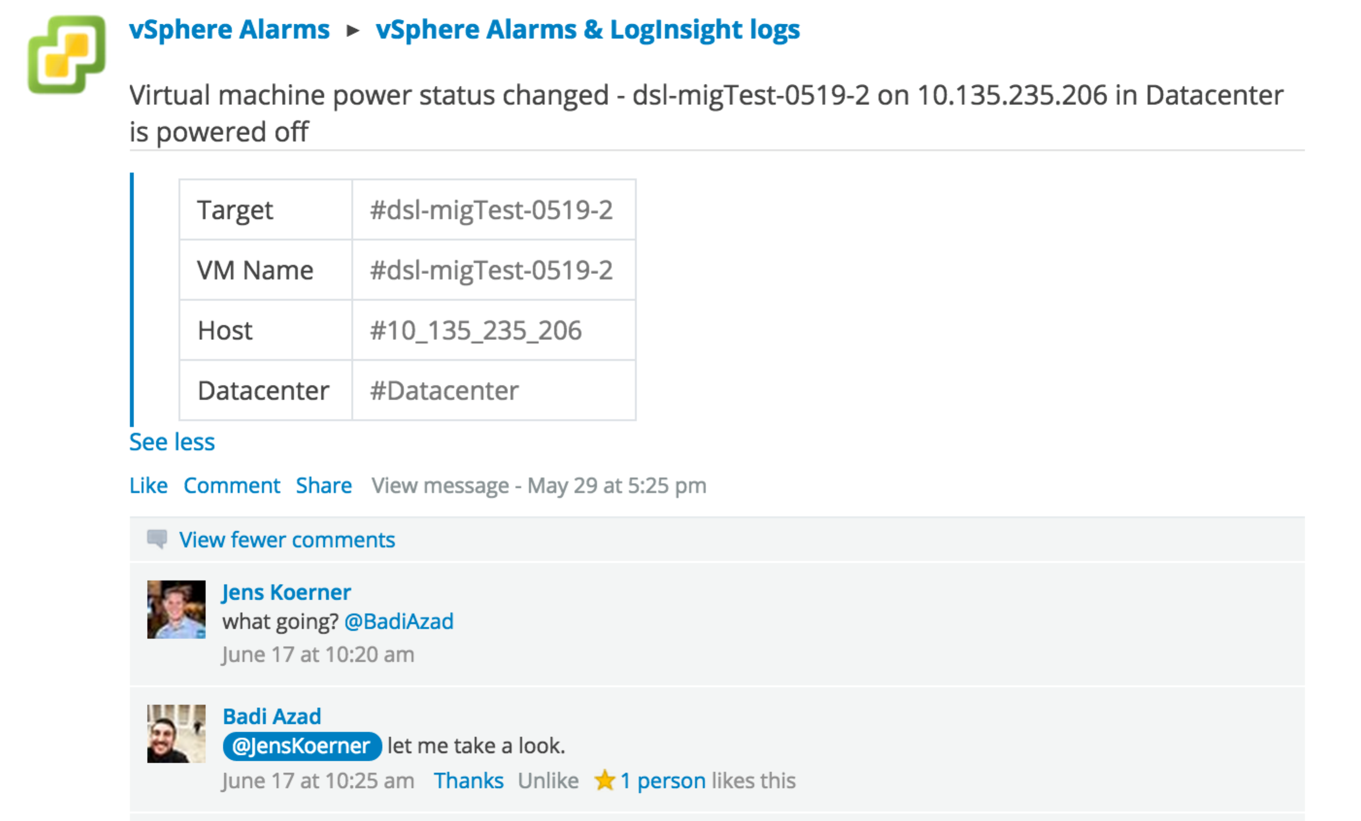 Figure 3: DevOps team collaborating around vCenter Server events in Socialcast on the web