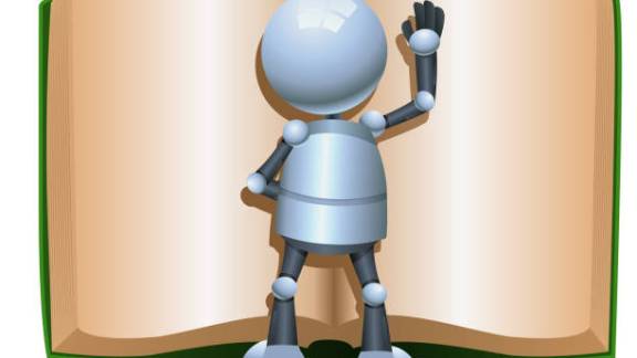 illustration of a little robot reading giant book  on isolated white background