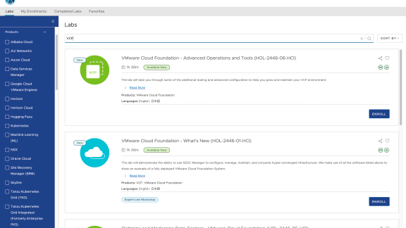 A screenshot of the VMware Hands-on Labs catalog, showcasing various labs available for exploration.