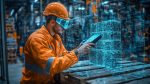 A factory worker using a handheld barcode scanner on a large pallet, surrounded by augmented reality data overlays, industrial setting, high-tech, hyper-realistic, cool tones.–style raw